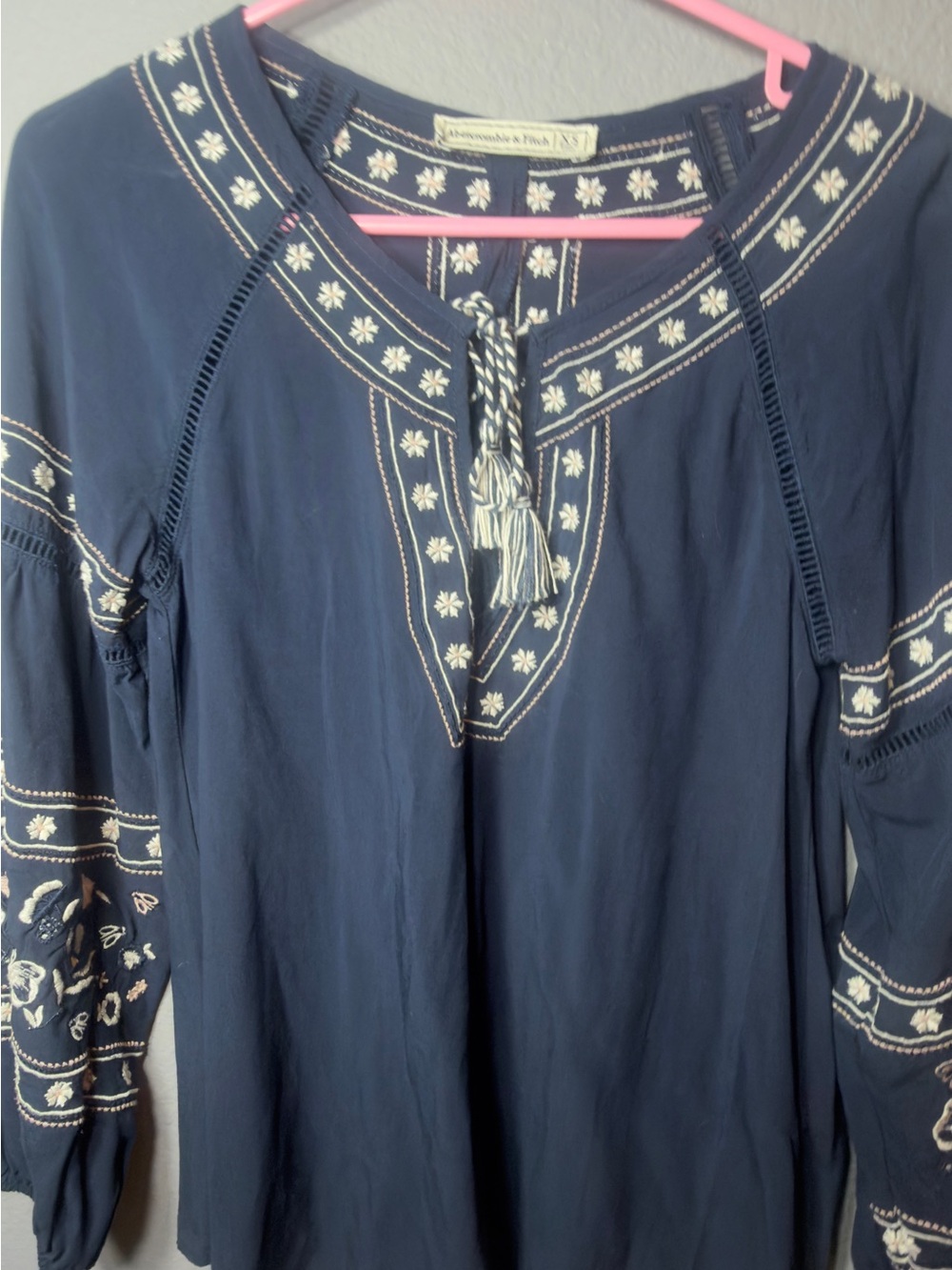 Abercrombie & Fitch Navy Tunic with Cream Embroidery and Tassel Tie